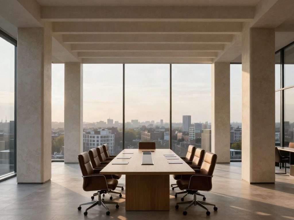 Sunlit contemporary boardroom overlooking a Dutch city, offering space for a fresh strategic perspective