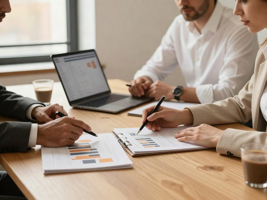 Consultants working together on analytical reports and business priorities during a strategy review